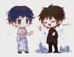  ... 2boys belt black_jacket black_pants blue_eyes blue_hair brown_hair brown_sweater capelet chibi chinese_commentary chinese_text closed_eyes closed_mouth commentary_request expressionless full_body hand_up harada_minoru ice jacket long_sleeves male_focus multiple_boys no_nose open_clothes open_jacket open_mouth pants saibou_shinkyoku shengyiyi short_hair smile snowflakes standing sweater translation_request turtleneck turtleneck_sweater uniform utsugi_noriyuki white_capelet 