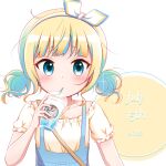  1girl bangs blonde_hair blue_eyes blue_hair blue_skirt collarbone commentary_request cup dated disposable_cup drinking_straw gochuumon_wa_usagi_desu_ka? goth_risuto hairband holding holding_cup jewelry kirima_syaro low_twintails multicolored_hair pendant shirt short_sleeves skirt solo suspender_skirt suspenders twintails two-tone_hair upper_body white_background white_hairband white_shirt 