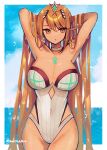  1girl absurdres bangs blonde_hair breasts chest_jewel gem haruto_yuki headpiece highres large_breasts long_hair mythra_(radiant_beach)_(xenoblade) mythra_(xenoblade) one-piece_swimsuit ribbed_swimsuit solo strapless strapless_swimsuit striped striped_swimsuit swept_bangs swimsuit tiara two-tone_swimsuit vertical-striped_swimsuit vertical_stripes very_long_hair white_swimsuit xenoblade_chronicles_(series) xenoblade_chronicles_2 yellow_eyes 