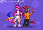  anthro canid canine canis clothing duo female fire fur humanoid male male/female mammal melee_weapon simple_background smile sword weapon wolf zanudus 
