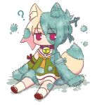  1girl ? animal_ear_fluff animal_ears bare_shoulders bell blonde_hair brown_collar collar commentary_request detached_sleeves dress fox_ears fox_girl fox_tail green_dress green_sleeves hair_bun hair_ornament highres jingle_bell kemomimi-chan_(naga_u) looking_at_viewer mold naga_u neck_bell original purple_eyes red_footwear sailor_collar sailor_dress shadow simple_background sitting sleeveless sleeveless_dress sleeves_past_fingers sleeves_past_wrists socks solo tail white_background white_sailor_collar white_socks zouri 