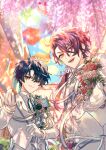  2boys black_hair bouquet cain_knightley closed_mouth formal heterochromia highres long_hair looking_at_viewer mahoutsukai_no_yakusoku male_focus multiple_boys naruta_iyo open_mouth ponytail red_eyes red_hair shino_sherwood short_hair smile suit teeth yellow_eyes 
