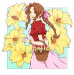  1girl aerith_gainsborough bangle bangs border bracelet braid braided_ponytail breasts brown_hair cropped_jacket dress final_fantasy final_fantasy_vii final_fantasy_vii_remake flower flower_basket green_eyes hair_ribbon highres jacket jewelry long_dress long_hair looking_at_viewer medium_breasts mogu_(kuromezennkainopokke) open_mouth parted_bangs pink_dress pink_ribbon red_flower red_jacket ribbon sidelocks smile solo teeth upper_body upper_teeth yellow_flower 