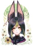  1boy animal_ear_fluff animal_ears black_hair blunt_ends fennec_fox fox_boy fox_ears genshin_impact green_eyes green_hair highres leki_ixion looking_at_viewer male_focus multicolored_eyes multicolored_hair short_hair solo streaked_hair tighnari_(genshin_impact) 