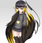  1girl bangs black_eyes black_hair blonde_hair blunt_bangs commentary commission english_commentary grey_background grey_hoodie hand_to_own_mouth harpy heart highres hood hood_down hoodie looking_at_viewer monster_girl monster_girl_encyclopedia multicolored_hair nav pointy_ears short_hair simple_background smile solo tail thunderbird_(monster_girl_encyclopedia) two-tone_hair winged_arms wings 