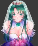  1girl bare_shoulders bouquet breasts bridal_veil bride cecilia_(fire_emblem) cleavage detached_collar dress elbow_gloves fire_emblem fire_emblem:_the_binding_blade fire_emblem_heroes flower gloves green_eyes green_flower green_hair highres holding holding_bouquet jewelry large_breasts looking_at_viewer official_alternate_costume pink_flower pink_rose rose smile solo strapless strapless_dress tiara tsukimura_(d24f4z8j3t) twitter_username upper_body veil wedding_dress white_dress white_gloves 