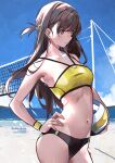  1girl arched_back artist_name beach blue_sky brown_hair closed_mouth cloud hand_on_hip kanojo_okarishimasu long_hair mizuhara_chizuru mole mole_on_thigh navel outdoors red_eyes sky solo sportswear stomach sweat swimsuit sydus volleyball volleyball_net wristband 
