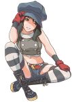  1girl adjusting_clothes adjusting_headwear aoi_nori_(aoicoblue) bare_shoulders black_hair black_shorts blue_headwear boots breasts cropped_shirt denim denim_shorts final_fantasy final_fantasy_vii final_fantasy_vii_remake full_body gloves grey_eyes hair_between_eyes kyrie_canaan long_hair looking_at_viewer medium_breasts midriff navel one_eye_closed parted_lips red_gloves shirt short_shorts shorts sitting sleeveless sleeveless_shirt smile solo striped striped_legwear teeth thighhighs white_background 