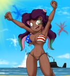  2021 5_fingers american_flag_bikini beach big_breasts bikini breasts cephalopod cleavage clothed clothing cloud cute_fangs dark_body dark_skin day female fingers fireworks green_eyes hands_over_head headphones hi_res humanoid light looking_at_viewer marina_(splatoon) marine missile mollusk multicolored_eyes navel nintendo octarian octoling outside pink_eyes pseudo_hair raised_leg sandwich-anomaly sea seaside sky smile solo splatoon stars_and_stripes submarine sunlight swimwear teeth tentacle_hair tentacles tongue under_boob united_states_of_america vehicle video_games water watercraft 