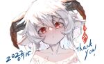  1girl animal_ears bangs cola commentary_request dated hair_between_eyes head_tilt highres horns looking_at_viewer original parted_lips red_eyes simple_background solo thank_you upper_body white_background white_hair yuuji_(yukimimi) 