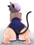  1girl animal_ear_fluff animal_ears ass barefoot black_swimsuit blush feet from_behind full_body grey_hair highres nazrin one-piece_swimsuit red_eyes seiza short_hair simple_background sitting soles solo swimsuit tail take_no_ko_(4919400) toes touhou white_background 
