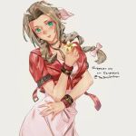  1girl aerith_gainsborough bangs braid braided_ponytail breasts brown_hair choker cleavage cropped_jacket dress final_fantasy final_fantasy_vii final_fantasy_vii_remake flower green_eyes hair_ribbon holding holding_flower jacket jet_kimchrea long_hair looking_at_viewer medium_breasts parted_bangs pink_dress pink_ribbon red_jacket ribbon short_sleeves sidelocks solo upper_body white_background yellow_flower 
