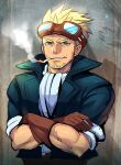  1boy ascot blonde_hair blue_eyes blue_jacket brown_gloves cid_highwind cigarette crossed_arms facial_hair final_fantasy final_fantasy_vii fujimaru_(green_sparrow) gloves goggles goggles_on_head grey_background jacket looking_at_viewer male_focus mature_male muscular muscular_male shirt short_hair sideburns sleeves_rolled_up smoke smoking solo spiked_hair upper_body white_shirt 