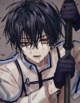  1boy black_hair exhausted gloves highres holding holding_weapon long_sleeves looking_at_viewer mahoutsukai_no_yakusoku male_focus naruta_iyo open_mouth red_eyes scythe shino_sherwood short_hair solo sweat sweatdrop teeth weapon 
