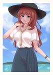  1girl :d absurdres assault_lily bangs black_headwear black_skirt blue_eyes blue_sky blunt_bangs blurry blurry_background border breasts brown_hair cloud collarbone commentary_request cowboy_shot day fingernails hand_up hat high-waist_skirt highres kaede_johan_nouvel light_blush long_hair looking_at_viewer medium_breasts neckerchief ocean open_mouth outdoors outstretched_hand pleated_skirt saetusum shade shirt shirt_tucked_in short_sleeves sidelocks skirt sky smile solo standing striped_neckerchief sun_hat teeth upper_teeth watch wavy_hair white_border white_neckerchief white_shirt wide_sleeves wristwatch 