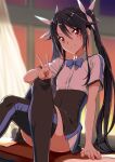  1girl bangs black_hair black_skirt black_thighhighs blue_bow blue_bowtie blurry blurry_background bow bowtie closed_mouth collared_shirt crossed_legs dress_shirt flat_chest hair_between_eyes hair_bow hand_on_own_knee high-waist_skirt highres leaning_back long_hair looking_at_viewer miniskirt ore_twintail_ni_narimasu red_eyes school_uniform shiny shiny_hair shirt short_sleeves sitting skirt smile solo thighhighs tsube_aika twintails v very_long_hair white_bow white_shirt wing_collar yogetsu_high_school_uniform yuto_(dialique) zettai_ryouiki 
