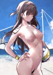  1girl arched_back artist_name bar_censor beach blue_sky breasts brown_hair censored closed_mouth cloud completely_nude hand_on_hip kanojo_okarishimasu long_hair medium_breasts mizuhara_chizuru mole mole_on_thigh navel nipples nude outdoors red_eyes sky solo stomach sweat sydus volleyball volleyball_net wristband 