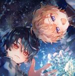  2boys black_hair blonde_hair blue_eyes blush closed_mouth heathcliff_blanchett highres looking_at_viewer looking_down mahoutsukai_no_yakusoku male_focus multiple_boys naruta_iyo night night_sky open_mouth red_eyes shino_sherwood short_hair sky smile star_(sky) starry_sky 