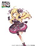  1girl 4frogsinc ahoge armpit_peek black_gloves blonde_hair blue_eyes blush breasts closed_mouth dress flower fox_shadow_puppet frilled_dress frills gloves hair_flower hair_ornament hair_ribbon jashin-chan jashin-chan_dropkick long_hair looking_at_viewer one_eye_closed ribbon rose shiny shiny_hair simple_background small_breasts smile solo white_background 