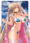  1girl absurdres aqua_bikini azur_lane bikini blonde_hair braid braided_bun breasts choker commentary cowboy_shot criss-cross_halter double_bun feather_boa formidable_(azur_lane) formidable_(the_lady_of_the_beach)_(azur_lane) from_side hair_bun halterneck highres huge_breasts legs_together long_hair looking_at_viewer multi-strapped_bikini official_alternate_costume outdoors pink_choker red_eyes single_thighhigh skindentation sky solo standing swimsuit thick_thighs thighhighs thighs tnr_(horiko1525) very_long_hair white_thighhighs 