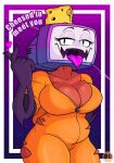  &lt;3 anthro big_breasts breasts canid canine cheese cleavage clothed clothing dairy_products female food for_a_head fox humor mammal object_head open_mouth orange_jumpsuit overweight overweight_anthro overweight_female pyrocynical screen screen_face screen_head solo teeth television thegravitybreaker tongue tongue_out torn_clothing tv_head uvula watermark 