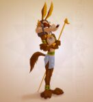  anatid anseriform anthro avian bird bottomwear canid canine canis clothed clothing coyote duck hi_res jewelry loincloth looking_at_viewer looney_tunes male mammal smile solo topless warner_brothers wile_e._coyote zen 