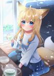  1girl animal_ear_fluff animal_ears blonde_hair blue_eyes blue_skirt blush breasts cup cushion day fox_ears fox_tail hair_ornament hairclip highres holding holding_cup long_hair long_sleeves looking_at_viewer michiru_donut original shirt sitting skirt small_breasts smile solo sparkle tail teacup teapot watermark white_shirt window wooden_floor 