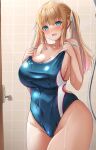  1girl blonde_hair blue_eyes blue_swimsuit breasts cleavage commentary_request commission competition_swimsuit cowboy_shot curvy huge_breasts long_hair looking_at_viewer one-piece_swimsuit original shower_(place) skeb_commission solo standing swimsuit thick_thighs thighs tikuwanwa tile_wall tiles twintails wet wet_clothes wet_swimsuit 