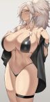  absurdres bikini black_bikini blue_eyes blush braid breasts cleavage clothes_pull dungeon_and_fighter earrings highres huge_breasts jewelry kook large_breasts legs_together looking_at_viewer micro_bikini mole mole_under_eye navel pointy_ears ponytail shirt_pull shirt_removed sweat sweatdrop swimsuit thick_thighs thigh_strap thighs thong_bikini twin_braids undressing white_hair 