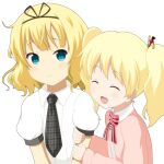  2girls :d ^_^ alice_cartelet arm_grab bangs blonde_hair blue_eyes blush bow closed_eyes closed_mouth collared_shirt commentary_request crossover gochuumon_wa_usagi_desu_ka? jacket kin-iro_mosaic kirima_syaro mitya multiple_girls necktie open_clothes open_jacket pink_bow pink_jacket plaid_necktie puffy_short_sleeves puffy_sleeves school_uniform shirt short_sleeves simple_background smile striped striped_bow twintails upper_body white_background white_shirt 