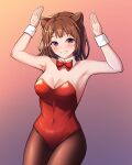  1girl armpits arms_up bang_dream! bangs bare_shoulders blush bow bowtie breasts brown_hair brown_pantyhose bunny_pose cleavage collarbone commentary cone_hair_bun covered_navel cowboy_shot detached_collar double_bun gradient gradient_background grin hair_bun hair_ornament highres leotard looking_at_viewer medium_breasts medium_hair nontraditional_playboy_bunny open_hand orange_background pantyhose ptal purple_background purple_eyes red_bow red_bowtie red_leotard smile solo standing star_(symbol) star_hair_ornament strapless strapless_leotard toyama_kasumi wrist_cuffs 
