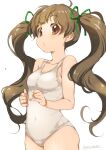  1girl breasts brown_eyes brown_hair covered_navel hakozaki_serika highres idolmaster idolmaster_million_live! inoue_sora long_hair one-piece_swimsuit open_mouth ribbon simple_background sketch small_breasts solo swimsuit thighhighs twintails white_background white_swimsuit 