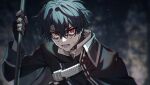  1boy black_hair blood blood_on_clothes blood_on_face fingerless_gloves gloves holding holding_weapon long_sleeves looking_at_viewer mahoutsukai_no_yakusoku male_focus naruta_iyo open_mouth red_eyes scythe shino_sherwood short_hair solo weapon 
