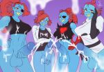  animal_humanoid anthro bodily_fluids clothed clothing coat cum erection fish fish_humanoid genital_fluids genitals gloves group handwear herm humanoid intersex lab_coat looking_at_viewer marine marine_humanoid partially_clothed penis shirt siamkhan standing tank_top topwear undertale_(series) undyne 