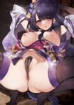  absurdres anus anus_peek arms_up ass black_thighhighs breasts breasts_out cameltoe covered_nipples crotch_seam genshin_impact heart heart-shaped_pupils heart_pasties highres japanese_clothes ken_(coffee_michikusa) medium_breasts mole mole_under_eye pasties presenting purple_eyes purple_hair pussy raiden_shogun robe robe_lift spread_legs squatting sweat sweatdrop symbol-shaped_pupils thighhighs thighs 