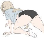  1girl all_fours ass black_shorts blonde_hair blue_shirt crawling dolphin_shorts ears_visible_through_hair from_behind from_side highres long_hair original shirt short_shorts short_sleeves shorts simple_background socks solo t-shirt thighs urec white_background white_socks 