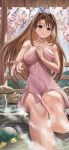  1girl absurdres bangs bare_arms bare_shoulders blush breasts brown_hair cleavage collarbone english_commentary highres large_breasts long_hair looking_at_viewer love_hina mixed-language_commentary narusegawa_naru onsen outdoors outstretched_hand silvertsuki sitting smile solo towel turtle water 
