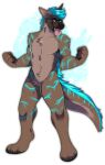  anthro arm_markings black_claws black_eyebrows black_nose black_pawpads blue_body blue_eyes blue_fur blue_hair blue_markings brown_body brown_fur chest_tuft claws crotch_tuft eyebrows fangs featureless_crotch flash_otter front_view fur fur_markings glistening glistening_hair hair hi_res looking_aside male markings muscular muscular_anthro muscular_male navel neck_tuft nude pawpads pink_tongue pose princelykaden short_hair shoulder_markings solo standing tail_markings tan_fangs tan_sclera tongue tongue_out tuft 