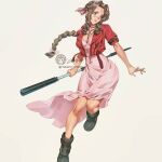  1girl aerith_gainsborough artist_name bangs boots bow braid braided_ponytail breasts choker cropped_jacket dress fighting_stance final_fantasy final_fantasy_vii final_fantasy_vii_remake full_body green_eyes hair_bow hair_ribbon holding holding_staff jacket jet_kimchrea long_dress looking_to_the_side medium_breasts open_mouth outstretched_arm parted_bangs pink_bow pink_dress pink_ribbon red_jacket ribbon short_sleeves sidelocks solo staff teeth upper_teeth white_background 
