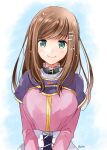  1girl breasts brown_hair closed_mouth green_eyes hair_ornament hairclip highres long_hair looking_at_viewer ruiki_(fkhv7527) simple_background smile solo sophia_esteed star_ocean star_ocean_till_the_end_of_time 