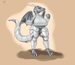  absurd_res anthro armor big_breasts breasts clothed clothing dragon female genitals hi_res horn huge_breasts no_underwear pussy smile solo squish standing testowepiwko thick_thighs thigh_squish wide_hips 