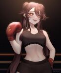  1girl :d absurdres alternate_costume bangs black_shorts black_sports_bra blurry blurry_background boxing_gloves boxing_ring breasts brown_eyes brown_hair collarbone commentary cowboy_shot crop_top depth_of_field eyebrows_hidden_by_hair genshin_impact gloves hand_on_hip hand_up highres hu_tao_(genshin_impact) light_particles long_hair looking_at_viewer medium_breasts midriff open_mouth red_gloves sevkyi short_shorts shorts smile solo sports_bra star-shaped_pupils star_(symbol) swept_bangs symbol-shaped_pupils tank_top teeth twintails upper_teeth 