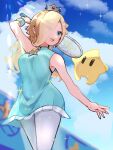  1girl :d bare_shoulders blonde_hair blue_dress blue_eyes blue_sky brooch cloud cloudy_sky crown dress earrings eyes_visible_through_hair hair_over_one_eye highres hirotaka_(hrtk990203) holding holding_racket jewelry long_hair luma_(mario) mario_(series) mario_tennis official_alternate_costume pantyhose racket rosalina sky sleeveless sleeveless_dress smile star_(symbol) star_earrings tennis_racket wristband 