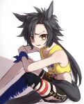  1girl absurdres air_shakur_(umamusume) animal_ears belt black_hair black_shorts clenched_teeth clothing_cutout crossed_arms eyebrow_piercing feet_out_of_frame furrowed_brow highres horse_ears horse_girl horse_tail knees_up looking_at_viewer omochi_inu_nekobako parted_lips piercing sharp_teeth shirt shorts simple_background single_thighhigh sitting sleeveless sleeveless_shirt solo tail teeth thighhighs torn_clothes torn_legwear umamusume yellow_eyes yellow_shirt 