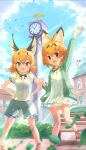  2girls absurdres animal_ears blonde_hair brown_hair caracal_(kemono_friends) caracal_ears casual cat_ears cat_girl cat_tail dress extra_ears frilled_shorts frills gladiator_sandals green_jacket green_shorts hands_on_hips highres jacket kemono_friends kemono_friends_3 koutsuu_(koutuukanseikan) long_sleeves looking_at_viewer multicolored_hair multiple_girls official_alternate_costume open_clothes open_jacket red_footwear sandals serval_(kemono_friends) shirt shoes short_hair short_sleeves shorts sidelocks sneakers standing standing_on_one_leg t-shirt tail waving white_dress white_shirt 