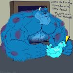  1:1 absurd_res beard big_muscles blue_body blue_fur blush disney duo english_text erection exclamation_point facial_hair fur genitals hi_res horn human long_beard male male/male mammal monster monsters_inc muscular mustache penis pixar pokenerd8 size_difference stuck sulley text ych_(character) 