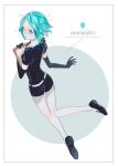 1other absurdres aqua_eyes aqua_hair bangs black_footwear character_name clipboard collared_shirt colored_skin crystal_hair elbow_gloves from_above gem_uniform_(houseki_no_kuni) gloves highres holding holding_clipboard houseki_no_kuni kirudai loafers looking_at_viewer looking_back open_mouth parted_bangs phosphophyllite puffy_sleeves reflection shiny shiny_hair shirt shoes short_hair short_shorts shorts simple_background solo white_background white_skin 