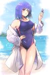  1girl beach blue_hair blue_swimsuit blush breasts cleavage collarbone day feet_out_of_frame ginnkei hair_between_eyes highres holding holding_whistle large_breasts long_sleeves nagae_iku ocean one-piece_swimsuit open_mouth red_eyes short_hair solo swimsuit touhou whistle 