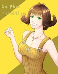  1girl breasts brown_hair character_name cleavage daisysan dress final_fantasy final_fantasy_viii flipped_hair full-length_zipper green_eyes highres jewelry looking_at_viewer necklace selphie_tilmitt short_hair simple_background smile solo yellow_dress zipper 