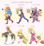  &gt;_&lt; armor bangs blonde_hair blunt_bangs boots brown_hair carrying carrying_over_shoulder carrying_under_arm dark-skinned_female dark_skin dragging dress enni gameplay_mechanics highres link multiple_persona piggyback princess_carry princess_zelda scarf sheik smile tetra the_legend_of_zelda the_legend_of_zelda:_breath_of_the_wild the_legend_of_zelda:_ocarina_of_time the_legend_of_zelda:_skyward_sword the_legend_of_zelda:_spirit_tracks the_legend_of_zelda:_the_wind_waker the_legend_of_zelda:_twilight_princess tiara toon_link toon_zelda wolf wolf_link 